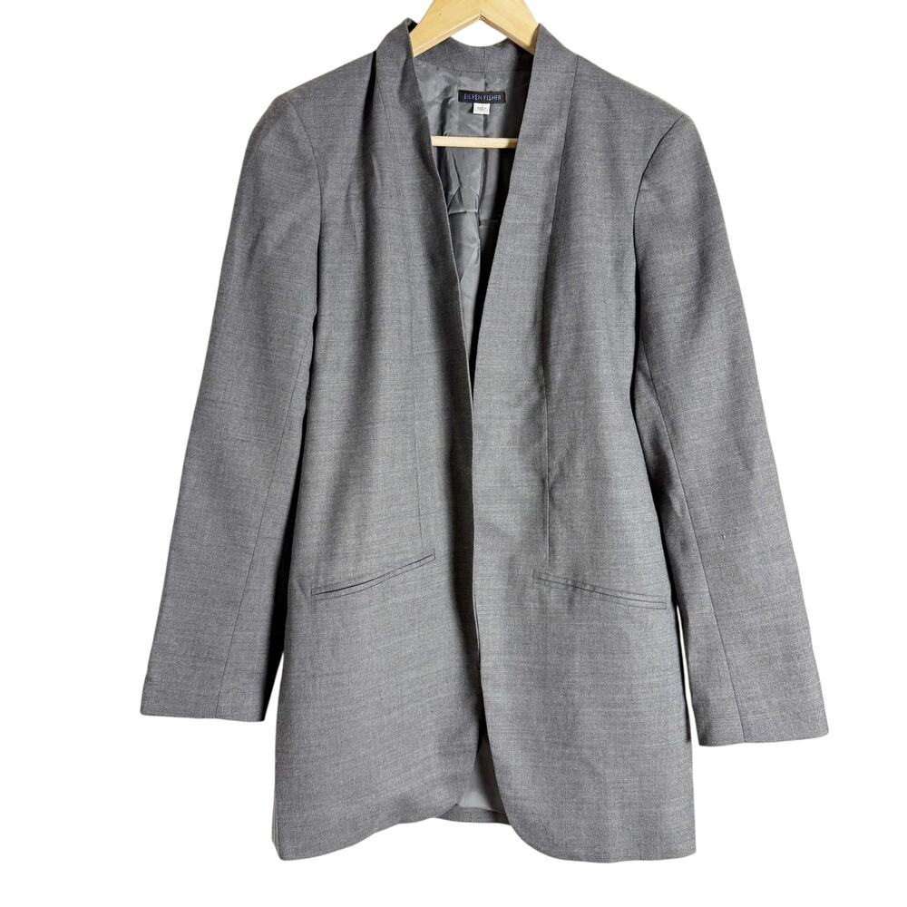 Eileen Fisher Gray Long Open Front Collarless Office Blazer Jacket Size Small